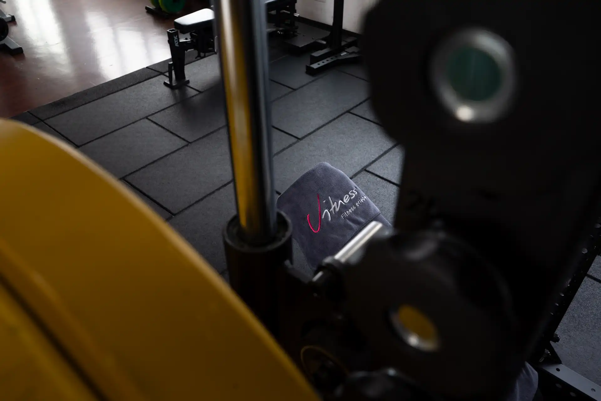 Nahaufnahme: Hantelscheibe und Handtuch mit V-itness-Logo