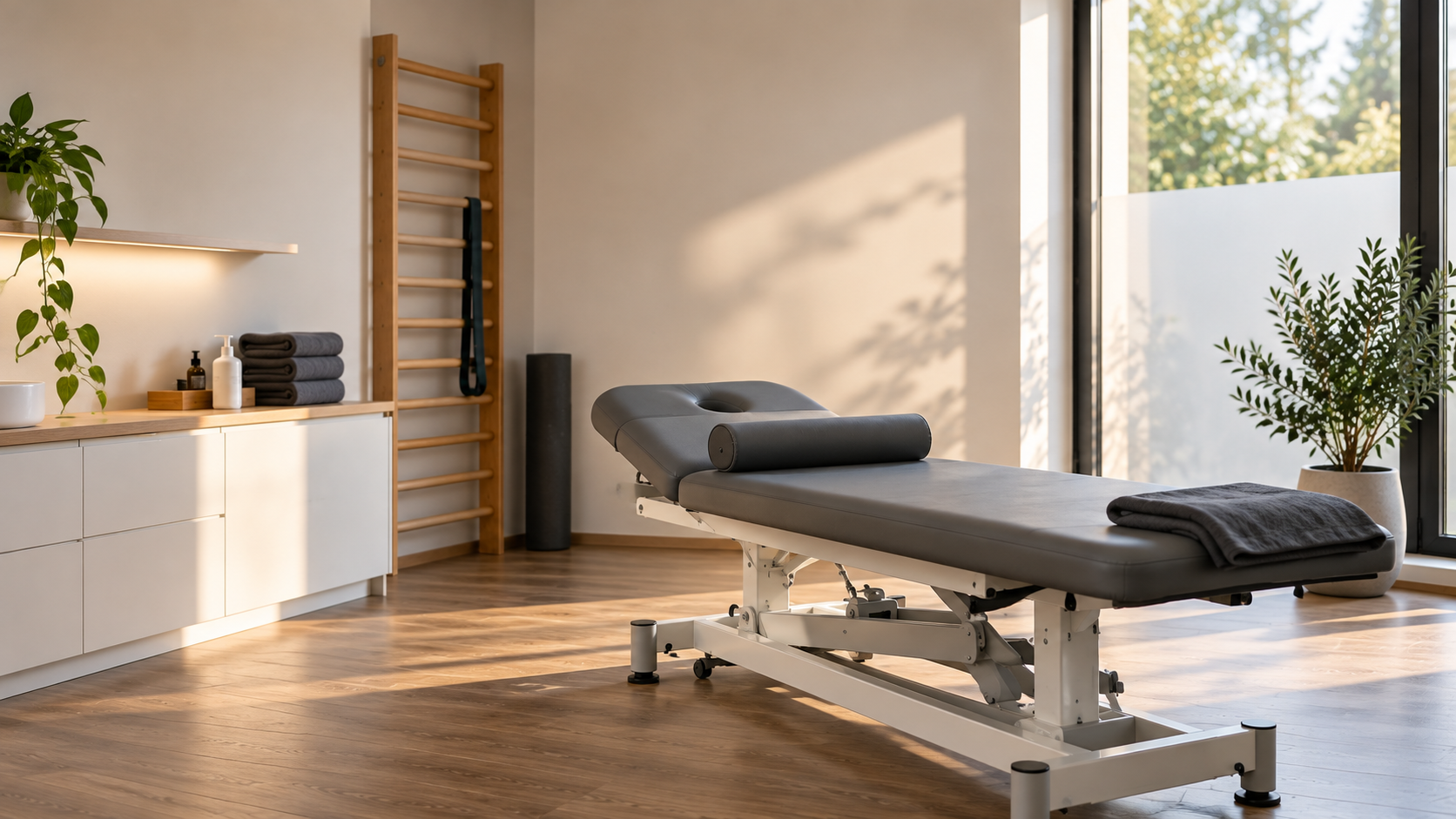 Behandlungsraum der Physiotherapie mit Therapieliege, Sprossenwand und Fensterfront