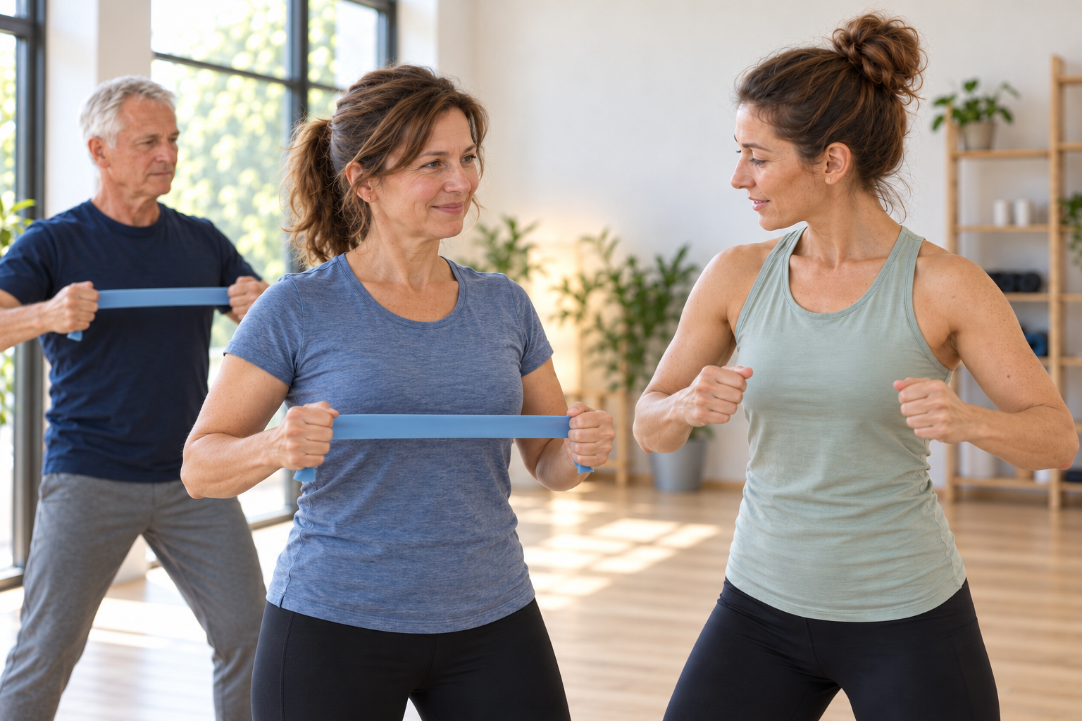 Rehasport-Gruppe trainiert mit dem Theraband im hellen Kursraum