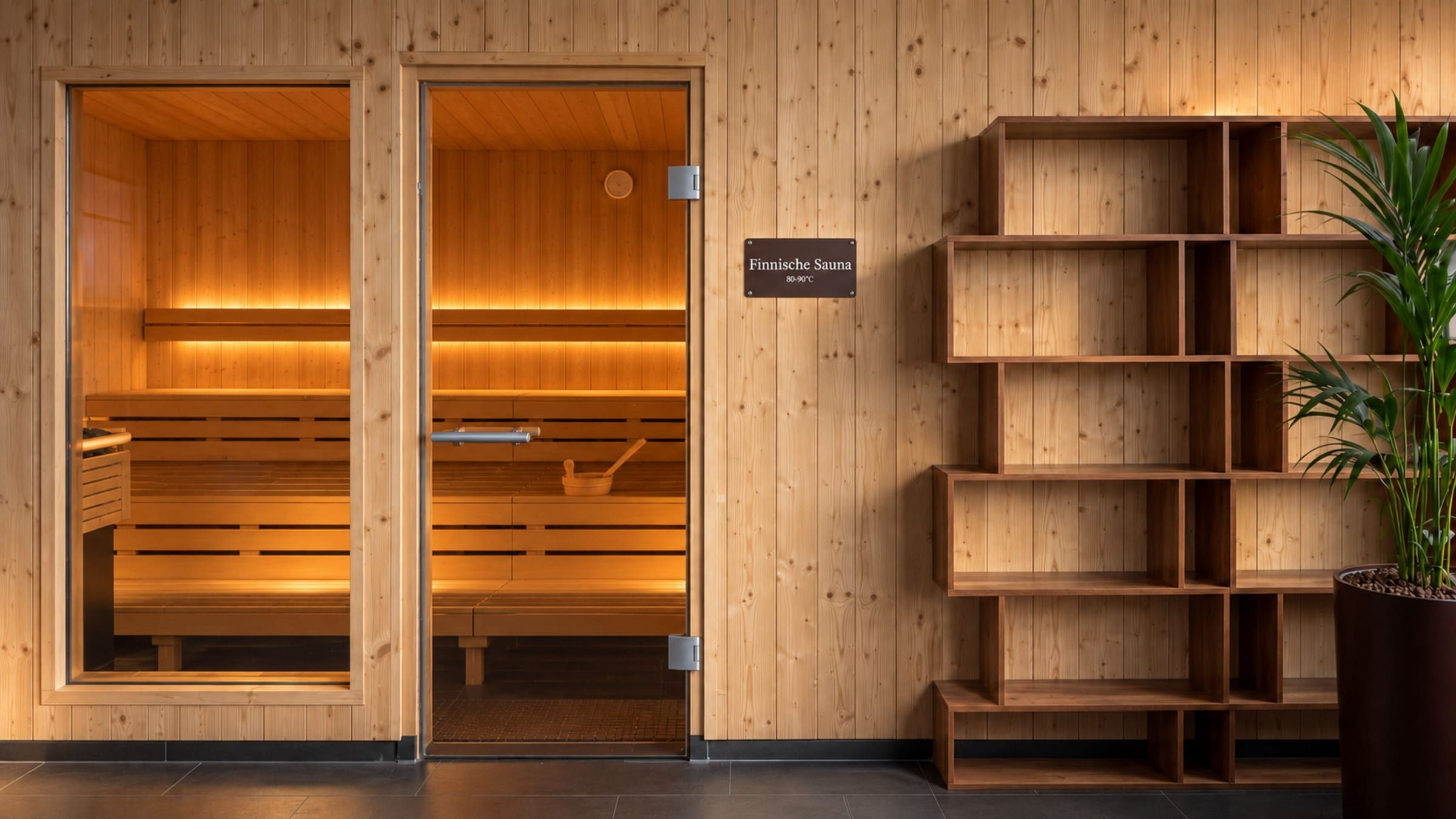 Glastür der Finnischen Sauna mit warm beleuchteten Holzbänken
